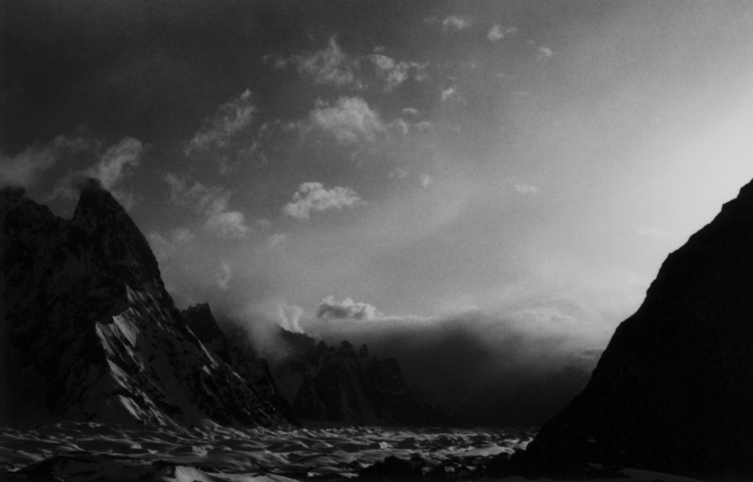 Storm moving up the Baltoro glacier toward Concordia.
