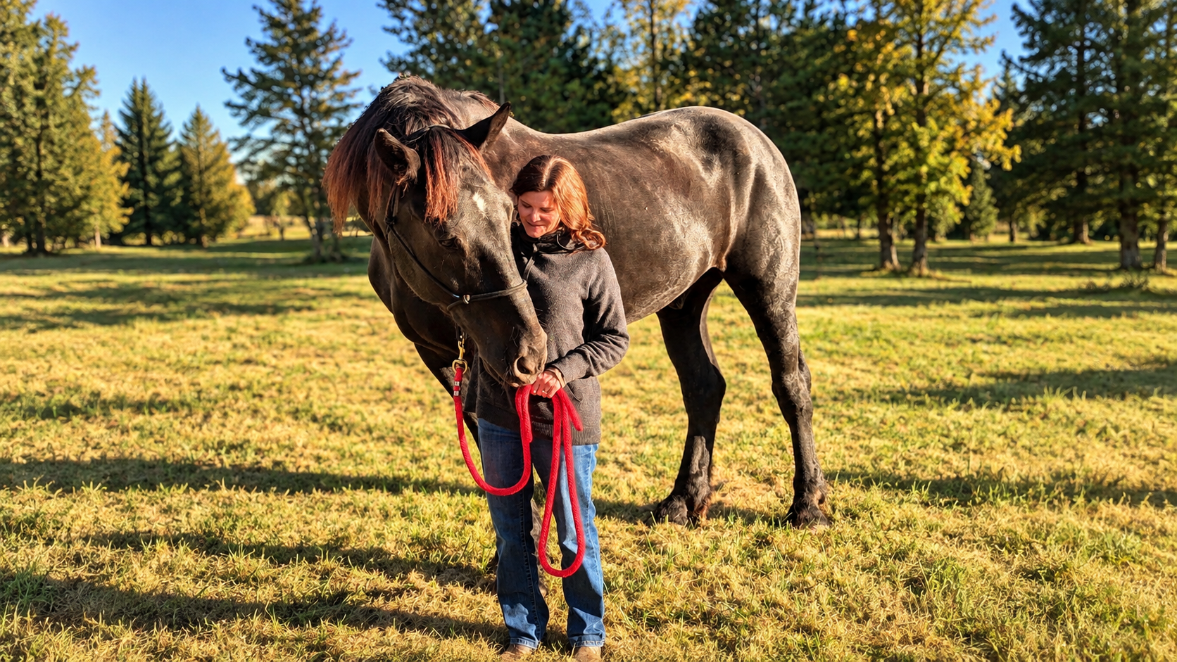 Sarah Ciavarri standing beside a horse in a sunlit pasture, holding a red lead rope.