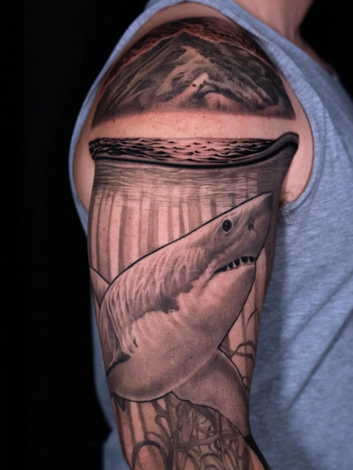 Loving this project! I&rsquo;m finishing some fun sleeves and looking to start some cool new projects, Hit me up! Link in bio. Thank you all! 

#fusionink #sleeve #shark #realistic #blackandgreytattoos #wip #nickchaboya #sanmateo #goldenmoomgallery #