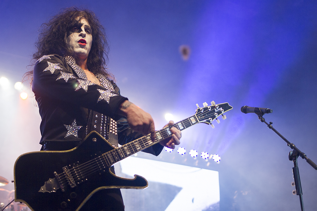 One of three rotating Hairball singers, dressed as Paul Stanley from KISS, throws a guitar pick into the crowd Friday January 15, 2016 at the Cam-plex Wyoming Center. Hairball, performing for over 15 years, returned to Gillette for their third time Friday.