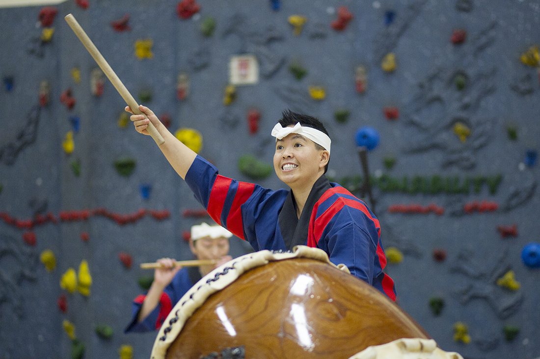 Kristy Oshiro, an 8-year veteran with New York City based Taikoza, performs Monday January 25, 2016 at Hillcrest Elementary School. The group, specializing in Japanese Taiko drumming is visiting various schools around Campbell County this week before a public performance at 7 p.m. Wednesday at the Heritage Center Theater.