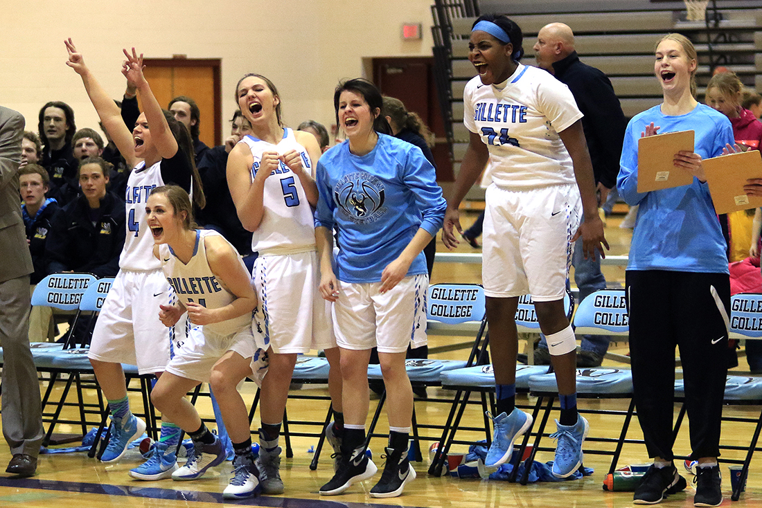 The Gillette College bench celebrates as Taylor Deaton gives the Pronghorns a late lead with a 3-pointer Wednesday January 27, 2016 at CCHS South Campus. The Pronghorns went on to beat the Sheridan Generals 54-51.