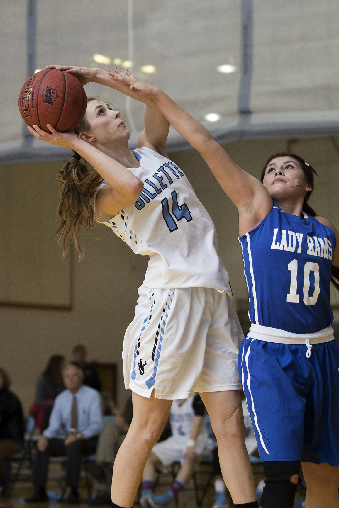 Gillette's Beth Sutter goes up for a shot Wednesday night during the Pronhorns win against Little Big Horn Collegeat CCHS South Campus.
