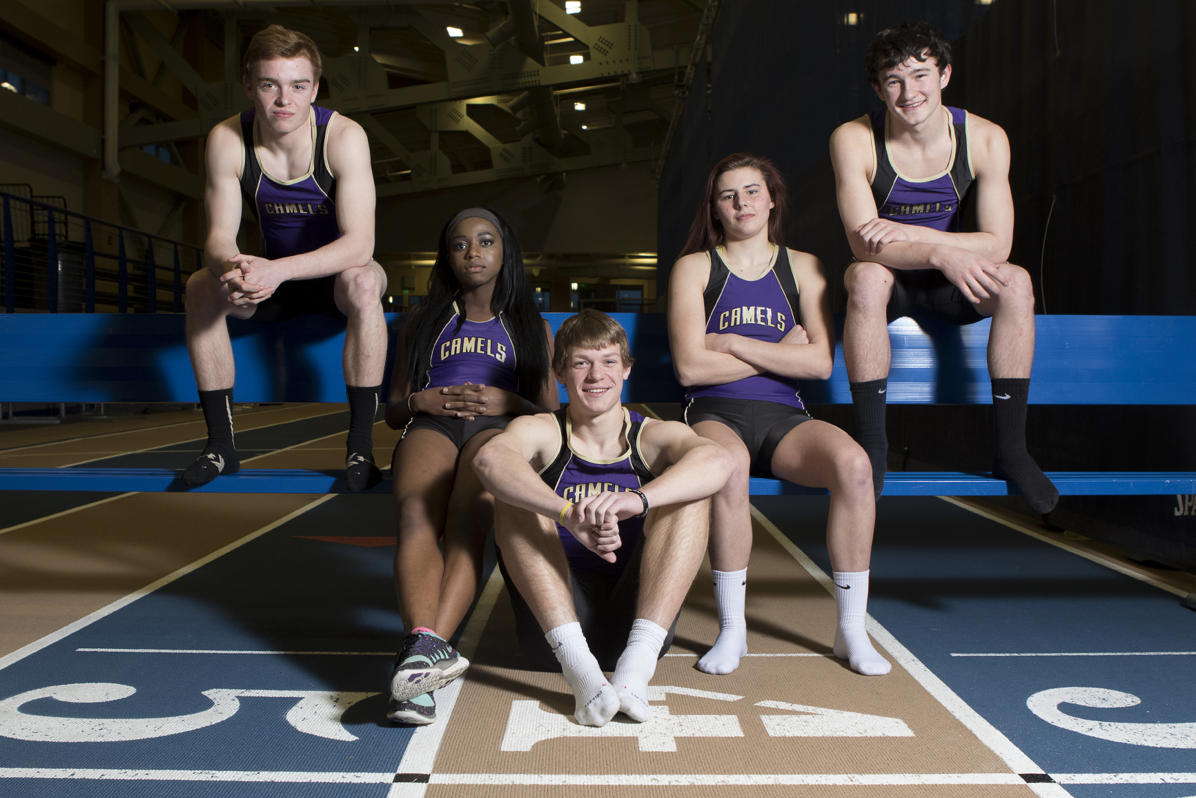 The Gillette Camels track team including, from left, Dillon Buckmeier, Ruth Sifuma, Logan Myers, Ashlyn Erisman and Colter Fuller, are comfortable going into the state indoor meet this weekend, held on their home track at the Recreation Center Field House.