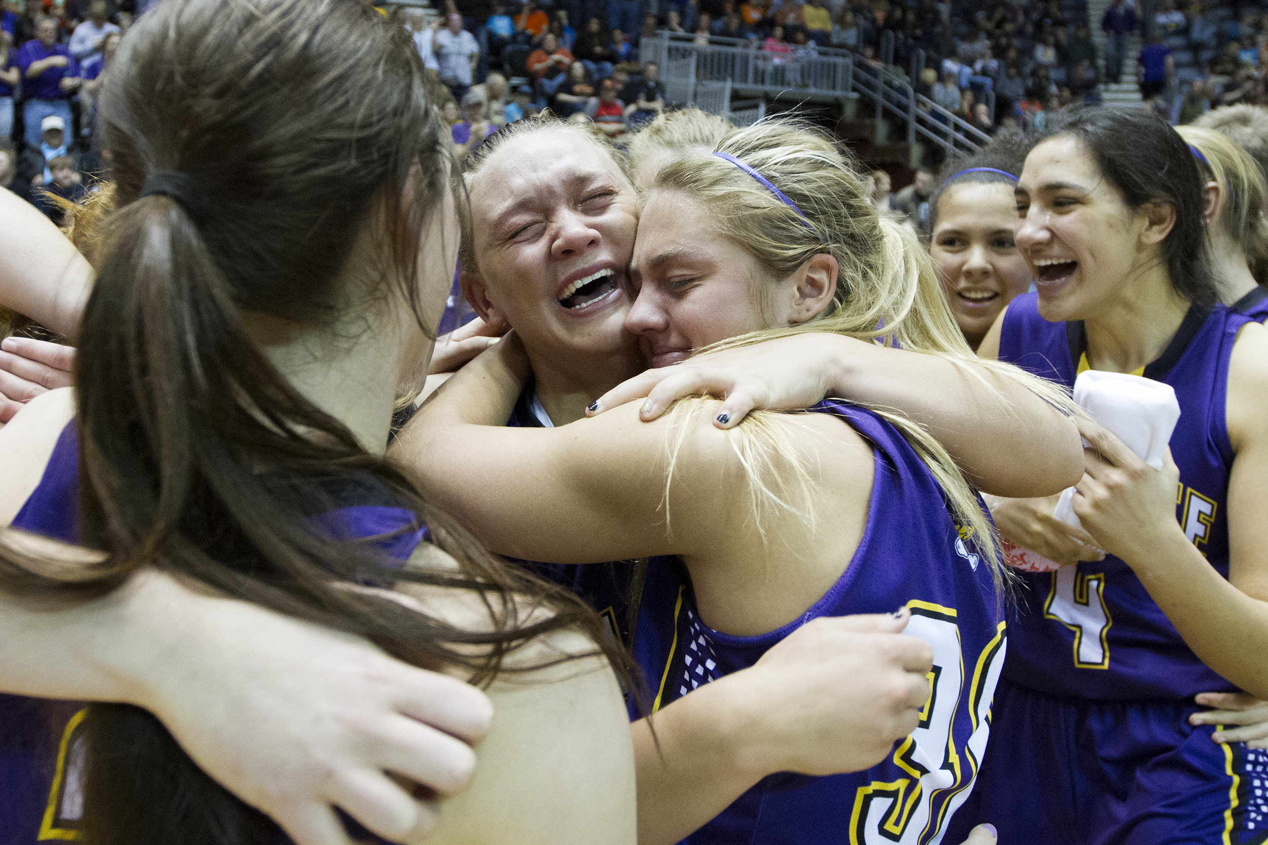 Gillette seniors Lauren Hallcroft and Jessie Geer hug after winning the 4A state basketball title, beating Natrona County 84-62, Saturday afternoon at the Casper Events Center in Casper.