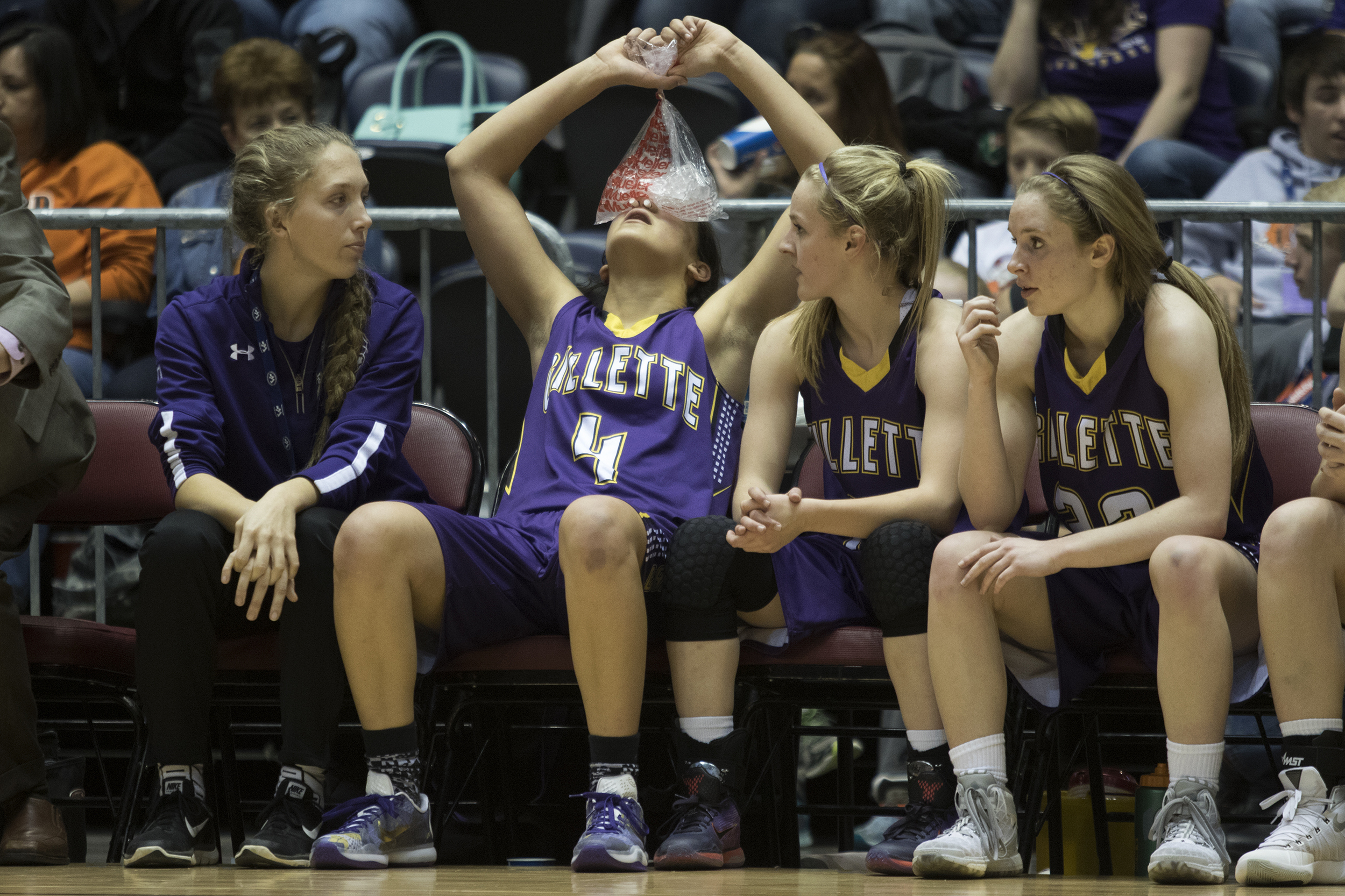 Gillette Kalina Smith ices her nose after getting hit in the face during the second half of the championship game against Natrona County Saturday afternoon at the Casper Events Center in Casper. Gillette beat Natrona 84-62 to win the 4A state title for the second year in a row.