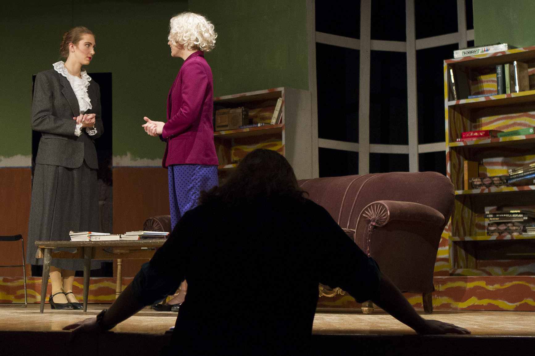 "Curious Savage" director and Campbell County High School English teacher Tim Bessette watches as Tiffany Holm, left, and Tori Christopherson rehearse a scene in the CCHS North auditorium Monday night. "Curious Savage" runs Thursday and Friday night at 7 p.m. and Saturday afternoon at 2 p.m. at North Campus.