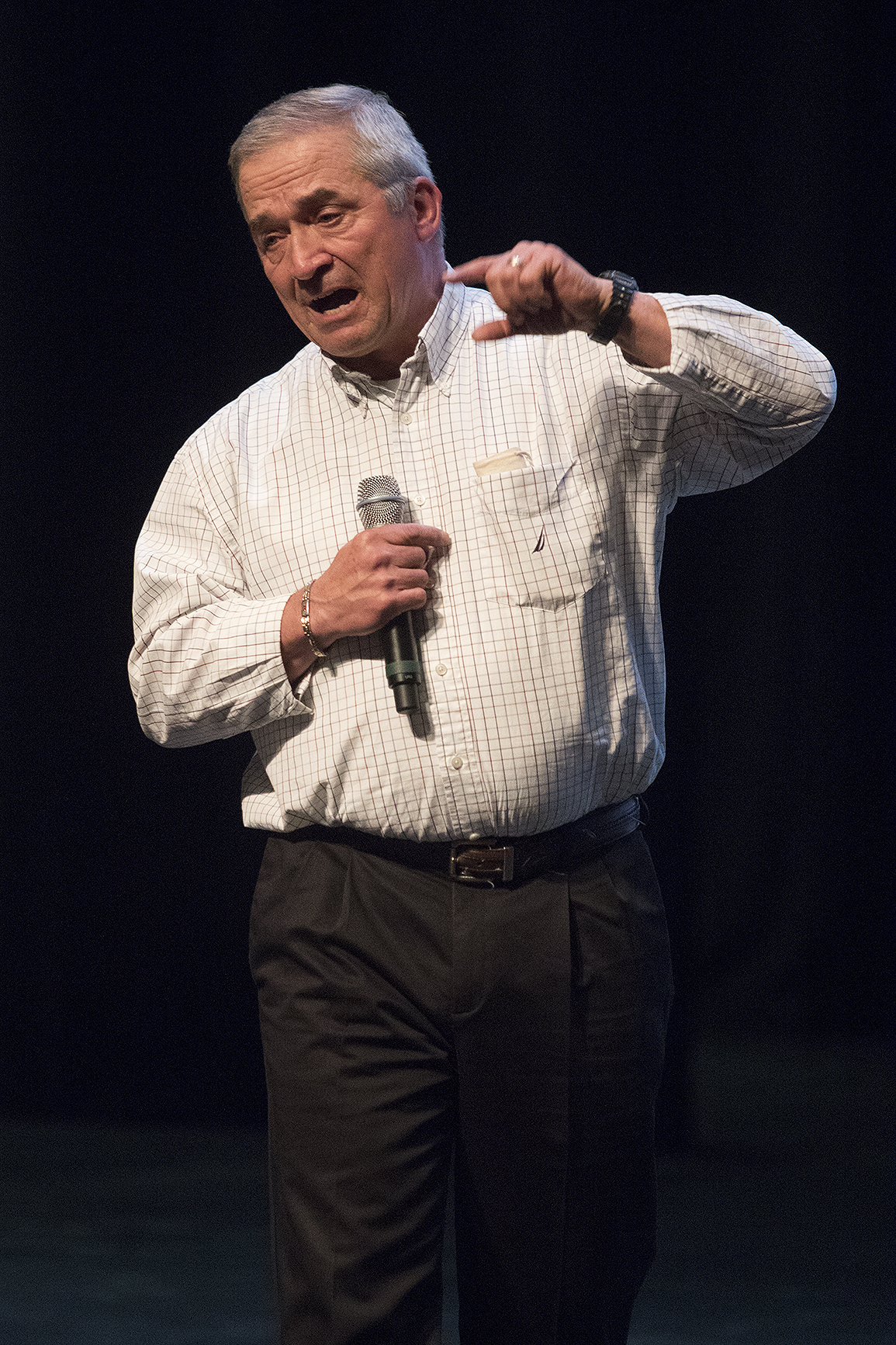 Former coal miner Jack Laasko tears up as he talks about what coal has done for him and his family, including helping pay for his children's education through taxes funding the public schools across the state, Thursday April 14, 2016 during the Friends of Coal town hall meeting at the Heritage Center Theater.