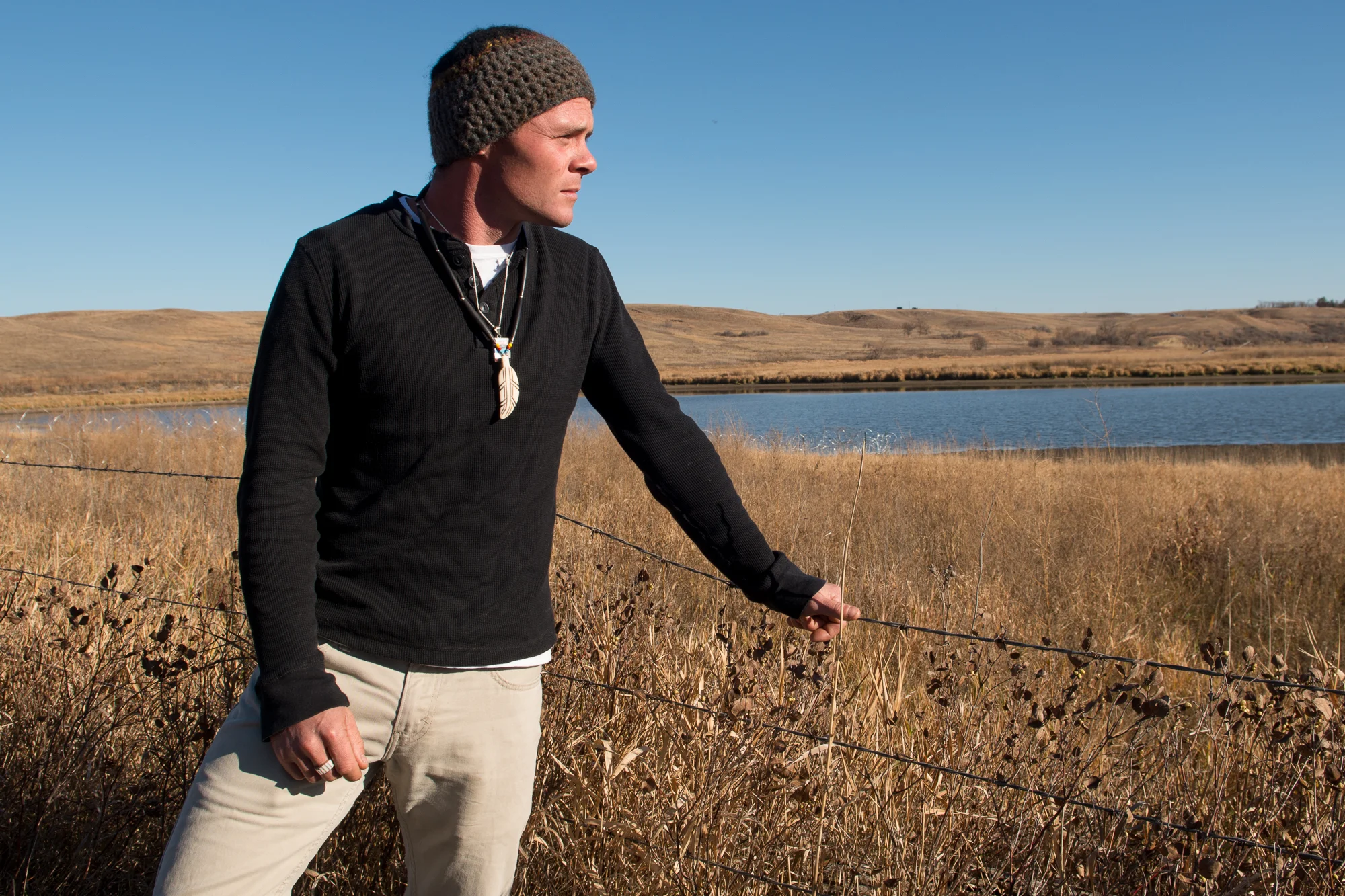 Kerry Rice, from Eugene, Oregon, stands next to Cantapeta Creek just north of the Oceti Sakowin camp along Highway 1805 north of the Standing Rock reservation in North Dakota. Rice, a former Army National Guard calvary scout came to Standing Rock to support those working to protect the water and lands.