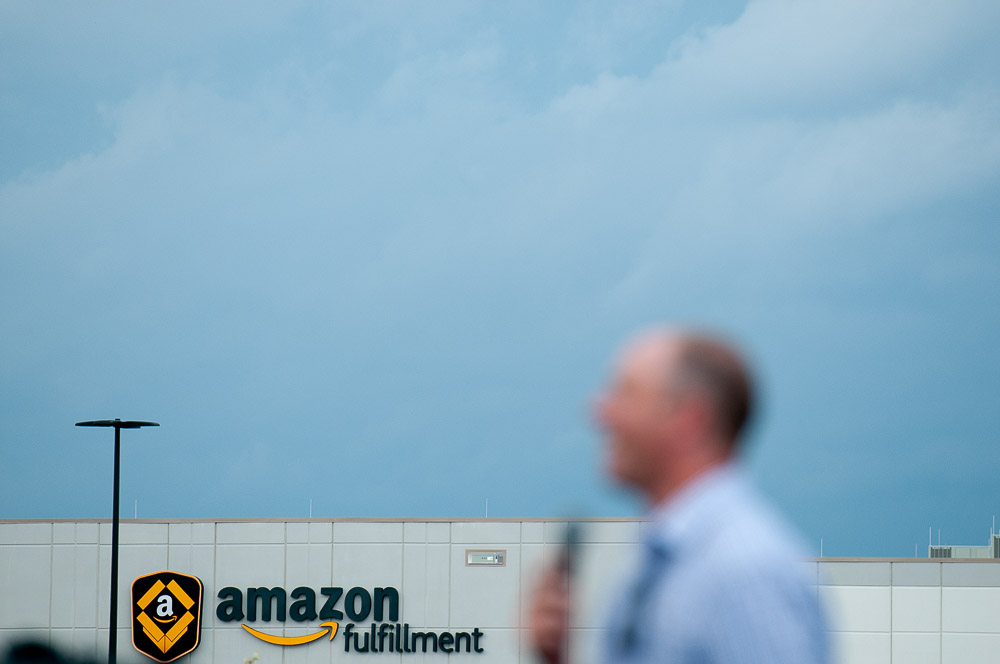 Minnesota state representative Brad Tabke (55A) talks to Amazon workers and supporters during the picket outside MSP-1, the Amazon fulfillment center in Shakopee on Monday, July 16, 2019, the first day of Amazon Prime Day.