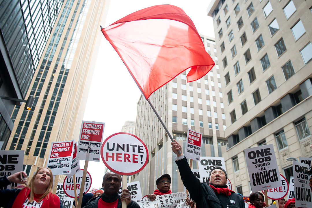 Unite Here! members and supporters rally in downtown Minneapolis on May 1, 2019.