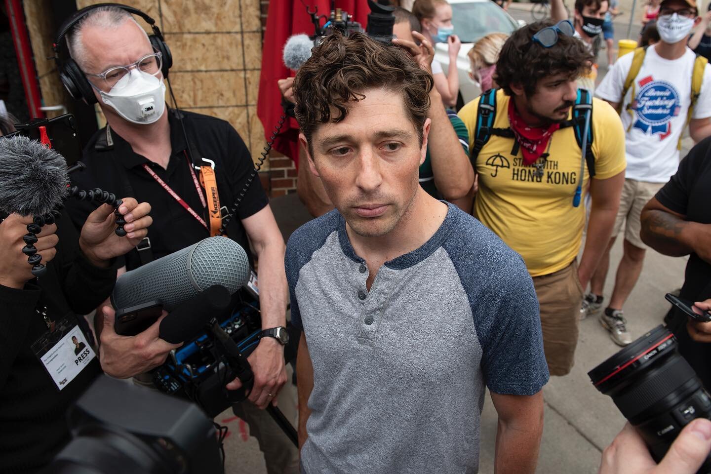 Minneapolis mayor Jacob Frey talks to reporters and constituents after getting up in front of the Defund MPD march and declaring that he does not support defunding or disbanding the police department. Many members of the Minneapolis City Council have
