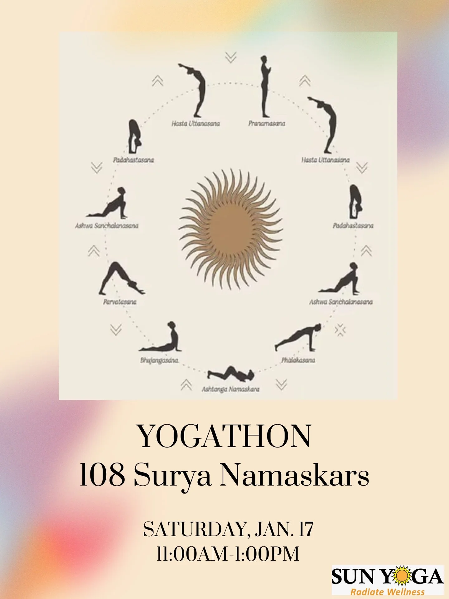 Let&rsquo;s start the new year with vitality, brilliance, and purity of sun ☀️ 

SUN YOGA invites you join YOGATHON, a continuous flow of 108 Sun Salutations, with one short break half way through. 

To register click on the link -
https://sunyoga.as