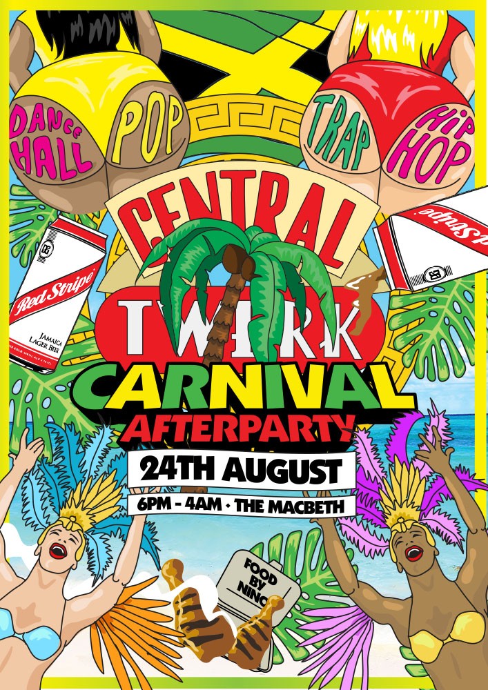 SUMMERS COMING TO AN END AND WHAT BETTER WY TO SEE IT OFF THAT WITH THE BEST WEEKEND OF THE YEAR, NOTTING HILL CARNIVAL?! CENTRAL TWERK INVITES YOU TO JOIN US FOR A TURNT UP EVENING OF JERK CHICKEN, RED STRIPE AND RELOADS MAKE THE JOURNEY FROM WEST TO EAST IN THE EVENING AND CARRY ON THE PARTY TO THE SOUNDS OF: KAMIKAZE LOVE BAM SAILEY B2B CHAZZGETSMONEY BADMANN featuring BAKA, LEGZ & MALLY MALZZ CENTRAL TWERK SOUNDSYSTEM JERK BBQ SUPPLIED BY NINOS FOOD A NIGHT DEDICATED TO PLAYING THE BEST OF: TRAP / BOUNCE / POP / R'n'B / JERSEY CLUB / DANCEHALL / HIP-HOP / BASHMENT HAPPY HOUR FROM 18:00 - 20:00 INCLUDING 2-4-1 RED STIPE AND £2.50 GLASSES OF CGM’S ROWDY RUM PUNCH +++ FREE ENTRY B4 22:00 + £5 AFTER +++ According to the Oxford Dictionary Online, to twerk is "to dance to popular music in a sexually provocative manner involving thrusting hip movements and a low, squatting stance"