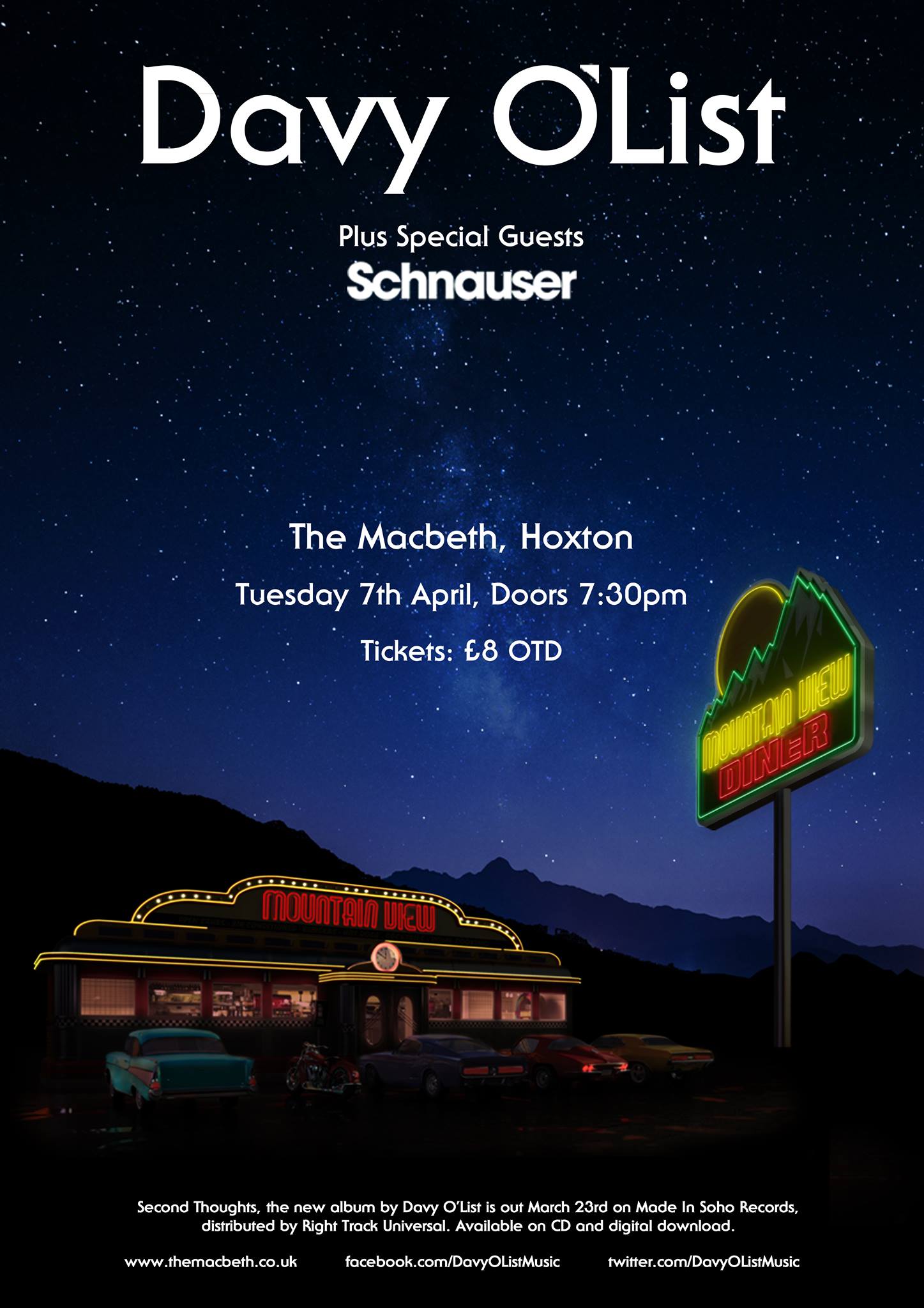 18 years since his last solo release, Davy O'List, former guitarist for The Nice, Roxy Music, The Attack and Jet returns with his new album Second Thoughts. To celebrate the release of Davy's new record, there will be a launch gig at The Macbeth in Hoxton, London on Tuesday 7th April. Davy, alongside his new band The Second Thoughts, will be performing tracks from the album at the gig. This will be your first opportunity to see one of the UK's most influential rockers ever performing for the first time in decades. Supporting Davy will be the fantastic Schnauser : www.facebook.com/SchnauserMusic Tickets will be available on the door priced £8