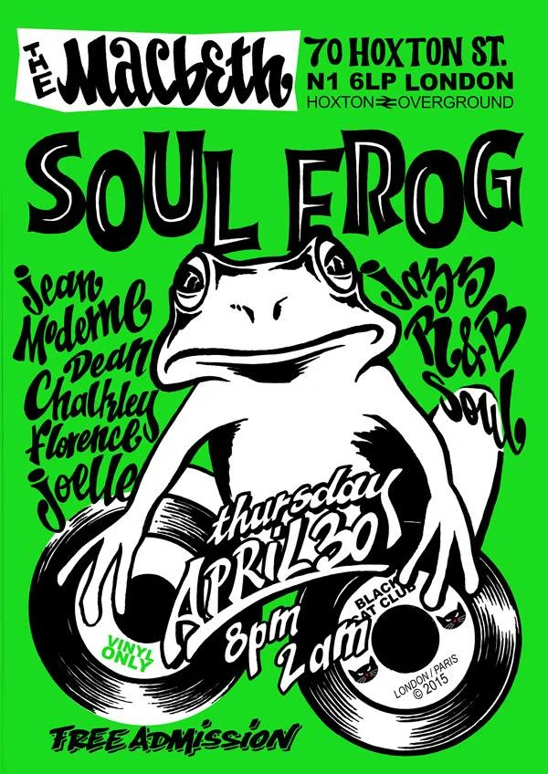 The first on a new series of Dance Parties brought to you by Chin Stroker + legendary Vinyl Soul / R&B DJ Jean Moderne - come and do the SOUL FROG! Jean Moderne will be sharing the decks with amazing guests Florence Joelle and Dean Chalkley , all presenting sensational selection of the best vinyls to drive you nuts on the dance floor. Drinks Deals: - x2 Grolsh Bottle Beers for £5 before 10pm - JD + Mixer £3.50 all night FREE ENTRY DJs: Florence Joelle: Florence sings the jazz like no one else! Once in a while she opens her record box to play some of the most groovy and suave selection of hers, cooking an exclusive recipe that is not to be missed. http://www.florencejoelle.com/ Dean Chalkley: Meet Dean, the man behind the camera is also a crazy 45s collector and a regular Black Cat Club Dj. Calling at R&B, Boogaloo, early Funk and many more, Dean is your first class ticket for a trip on the Northern Soul line. http://www.deanchalkley.com/ Jean Moderne: What's cooking under that froggy beret, docteur? Well, Monsieur le Groove you'll be surprised feeling your legs shaking to those sixties yéyé tunes, you will also cross the gate between Blues and Beat without even realising you've spent the night dancing. http://romeocharliefoxtrot.blogspot.co.uk/ https://www.mixcloud.com/coolnessfactor/