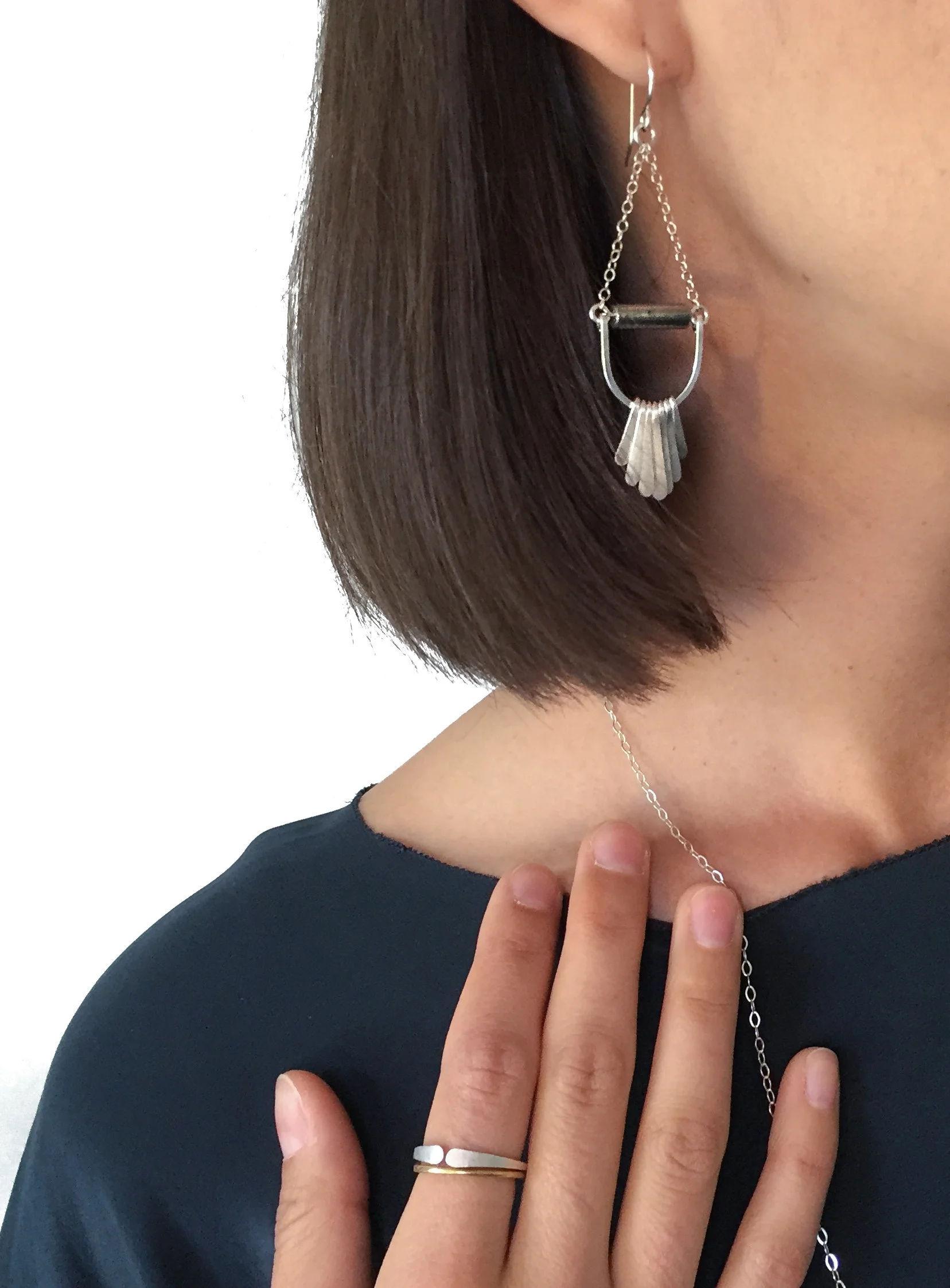 silver geometric fringe earrings