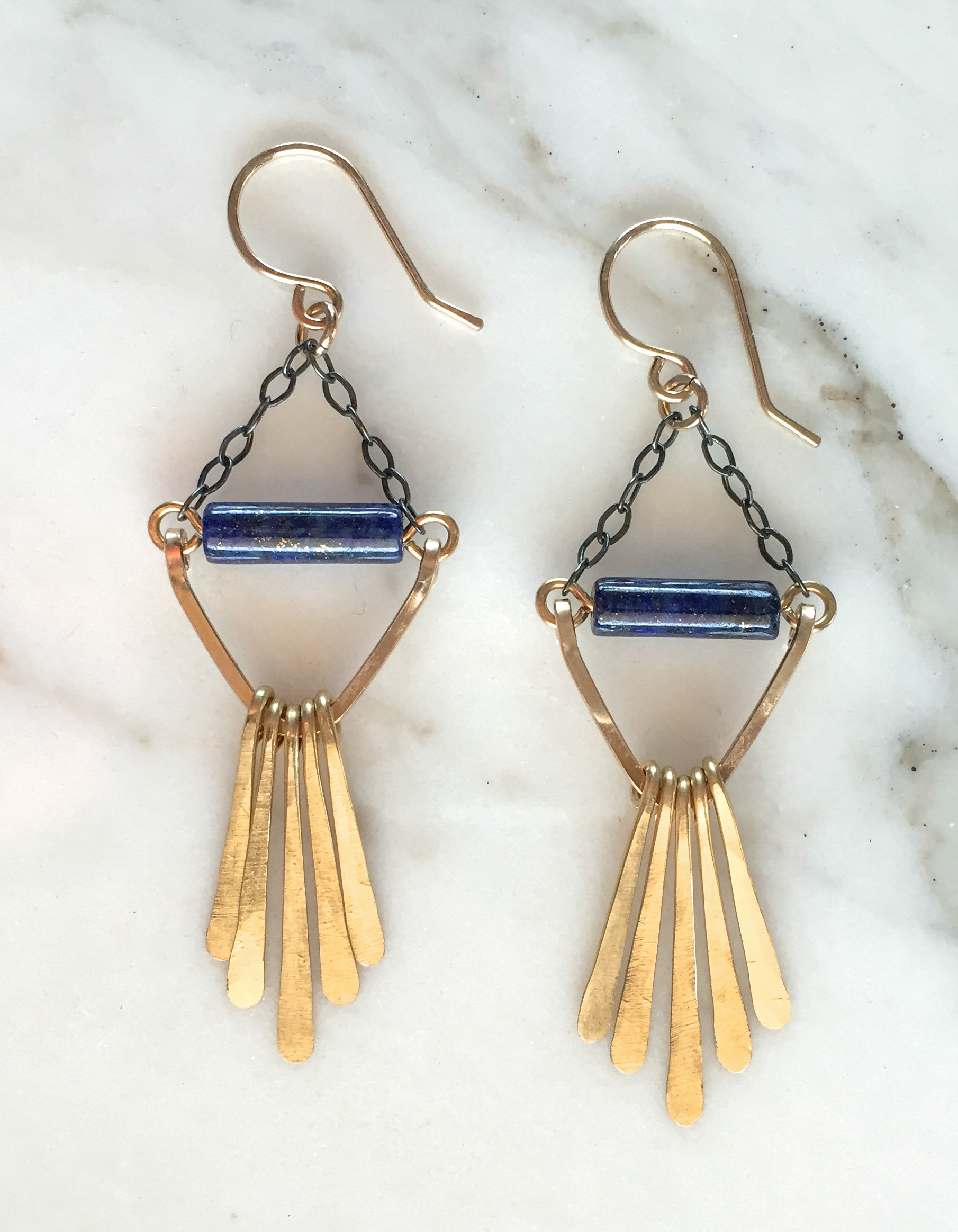 gold triangle earrings bronze fringe