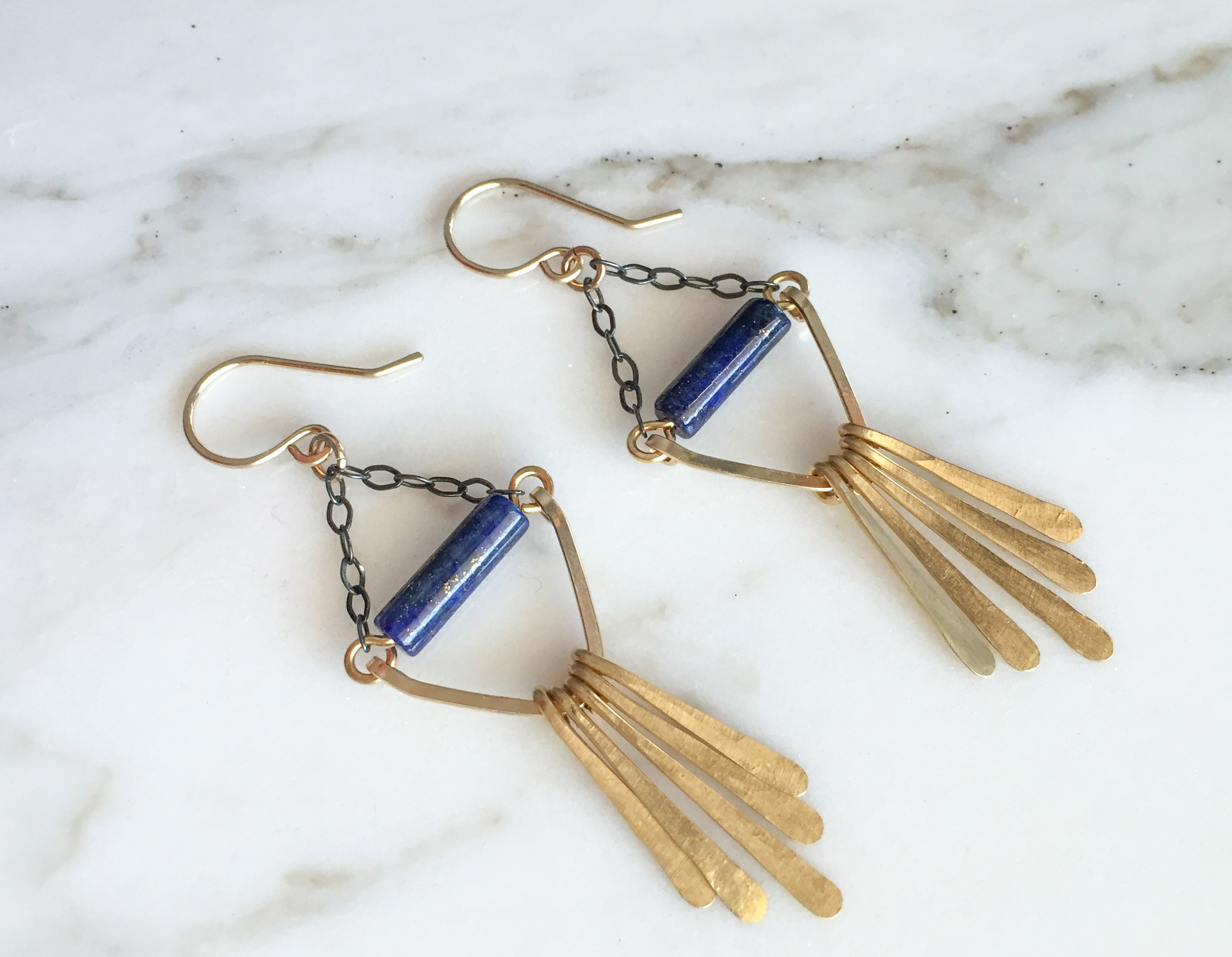 gold fringe earrings lapis