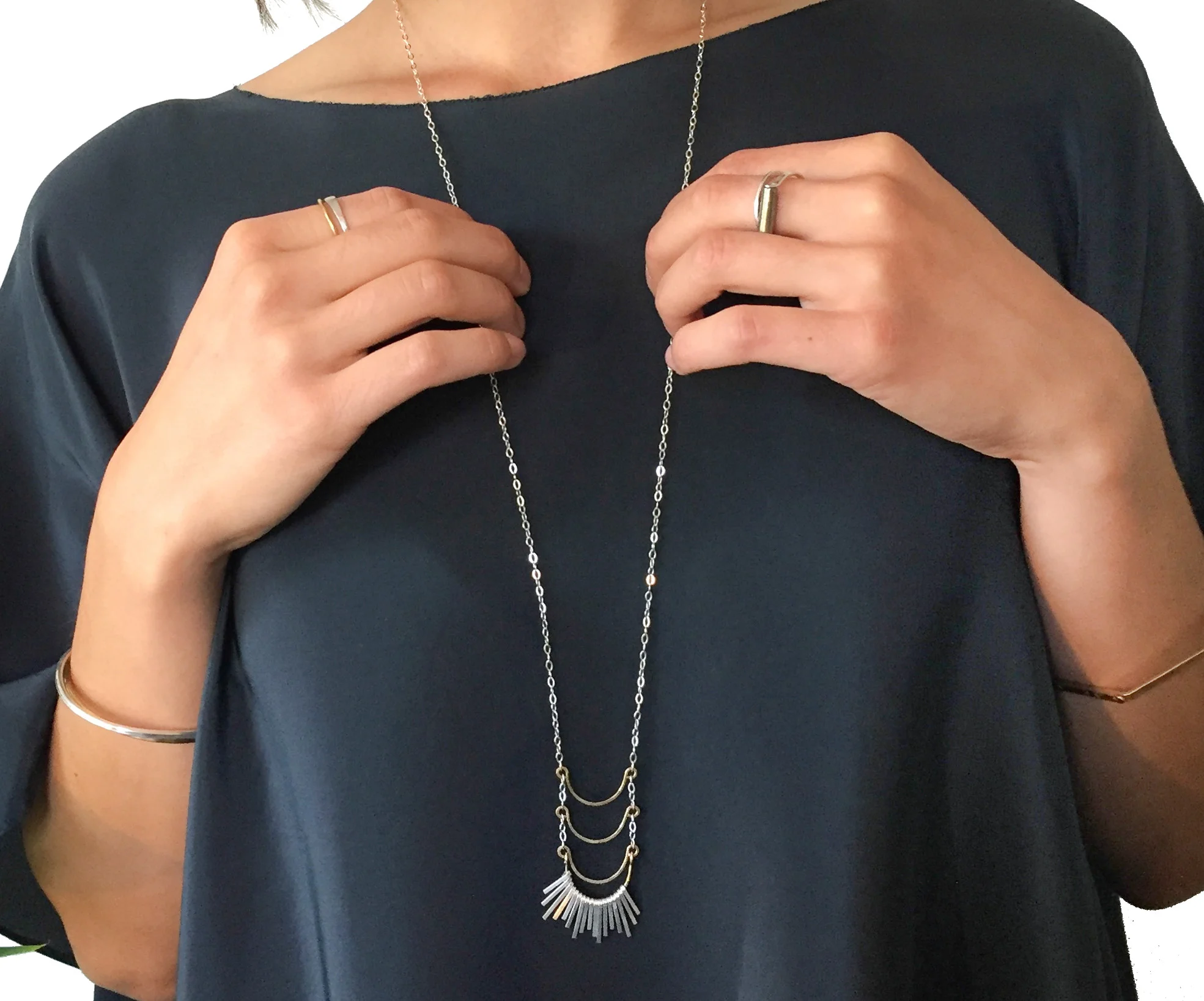 new refined basics long fringe necklace