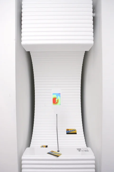 Benjamin Phelan, Demo Center - RGB Phantom Sim Stick , 72 x 17 x 24 in, Extruded Styrofoam, iPhone, Activatar App, MetroCard