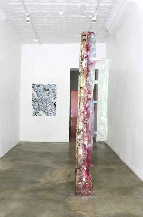Foreground: Amy Brener Background: Yeni Mao, The Hustle , 2010, 42 x 32 in, Archival inkjet print collage on mylar