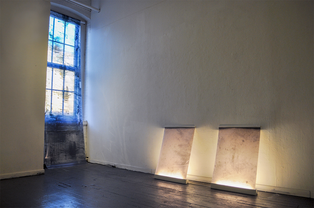 surface, ground , 2014, digital composit print on acetate, digital prints on mylar, florescent lights