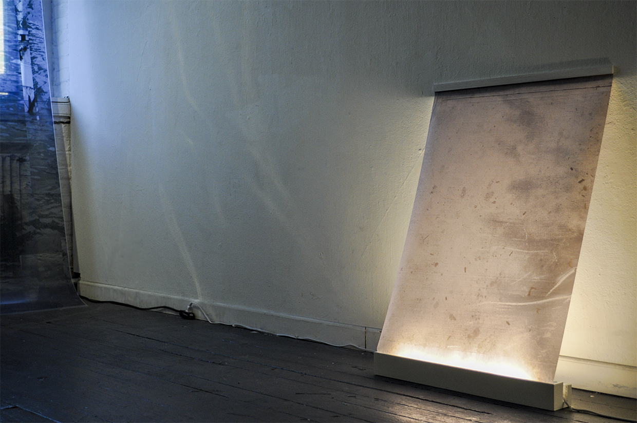 surface, ground (detail) , 2014, d igital composit print on acetate, digital prints on mylar, florescent lights