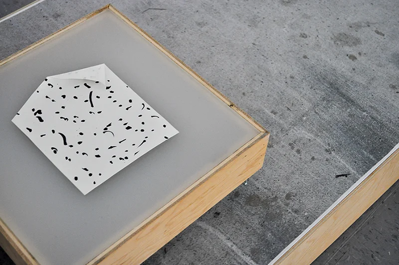 sidewalk stage, cotton digital print, plywood, plexi, pen and paper, florescent light with timer 24 x 48 in, 2015