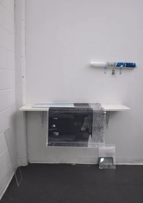 Bunker Installation (detail), generic tablet, plexi, iceberg cyanotype, iceberg acetate negative, organza print paper backing, 2014 