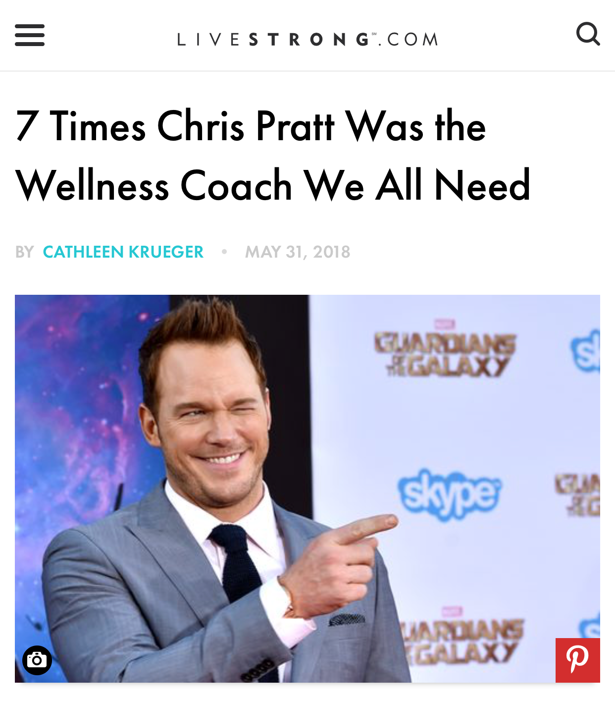 Livestrong.com: "7 Times Chris Pratt Was the Wellness Coach We All Need"