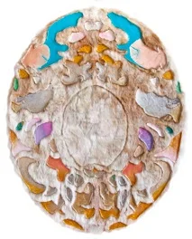 Catherine Lan Magic Mirror V , 2012 Acrylic, Pearlescent Acrylic, Iridescent Acrylic, Gold Pigment on Faux Fur 21.5x17.5 in $ 2500