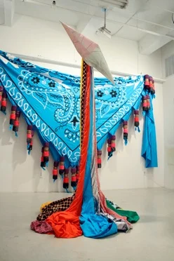 Amanda Browder / Eric LoPresti Forced Collaboration / PRISM (Amanda on Eric), 2012 Painting, mixed fabric, wood, metal, polyfil 8 x 4 x 4 feet (Floor) $ 3500