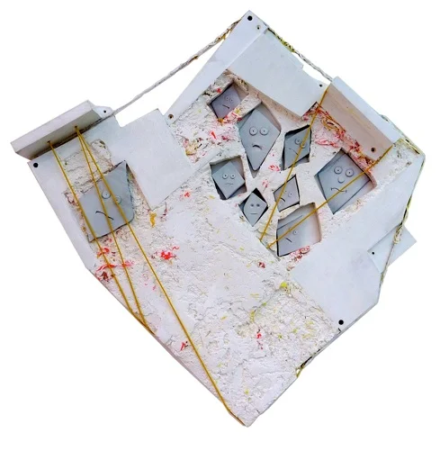 Ted Mineo Alienating Context, 2012 Acrylic, wood, wall, steel, paper mache, polymer clay, leather, sisal, nylon and latex 28 x 30 inches $1800