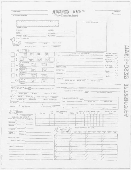 Karl LaRocca Player Character Record (Magic User/ Illusionist), 2010 Graphite on paper 14 x 11 inches $1200. framed