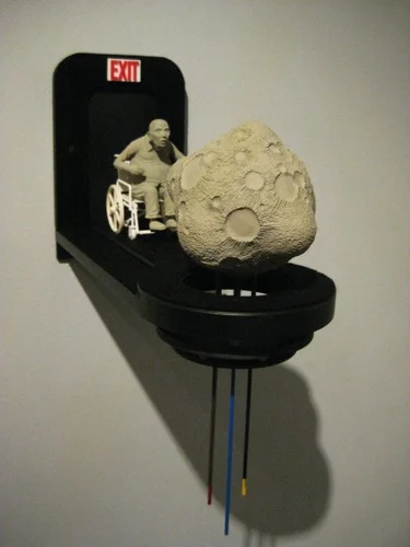 Mike Peter Smith , Exit (Man and Asteroid) , Cast urethane, styrene, epoxy putty, styrofoam, MDF, acrylic, aluminum, brass, steel, paint, felt 17x6x15” $2,000