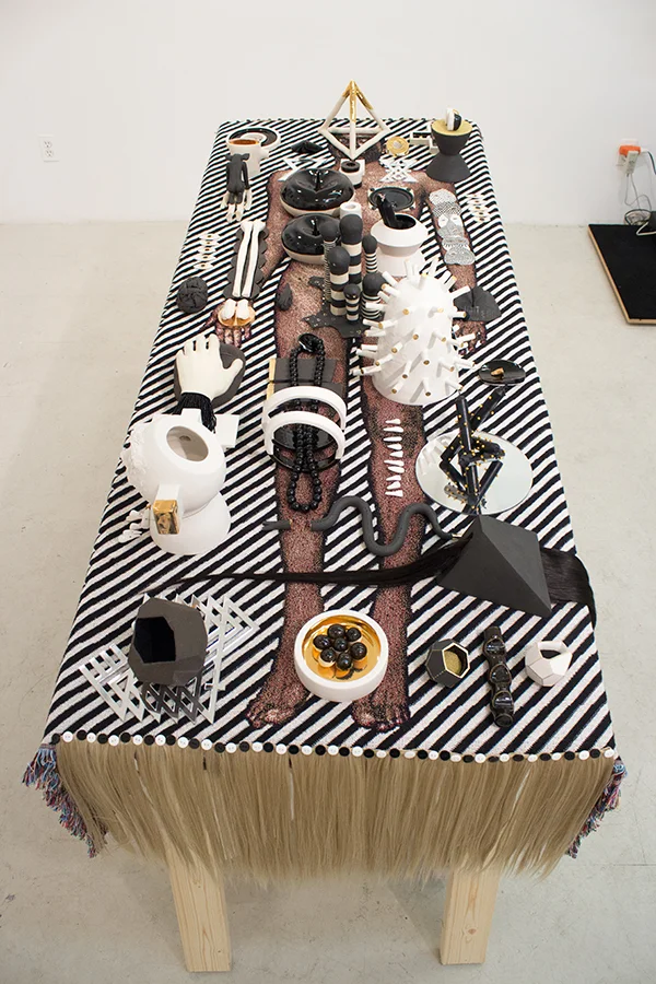 Richard Hart Godspeed/Vessel (C.dM) table, blanket, hair, mixed media, porcelain sculptures