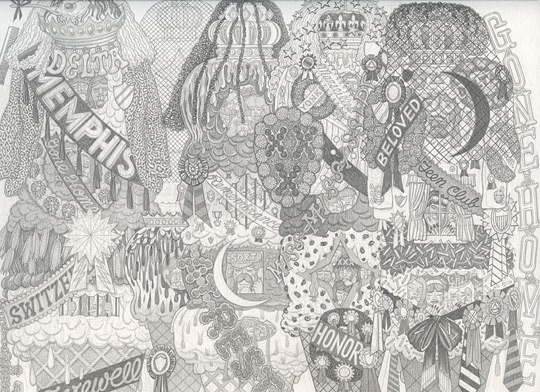 Alex O’Neal, Shrine for Ice Cream Royalty #2 , 2013, Graphite on paper, 9 x 12 inches