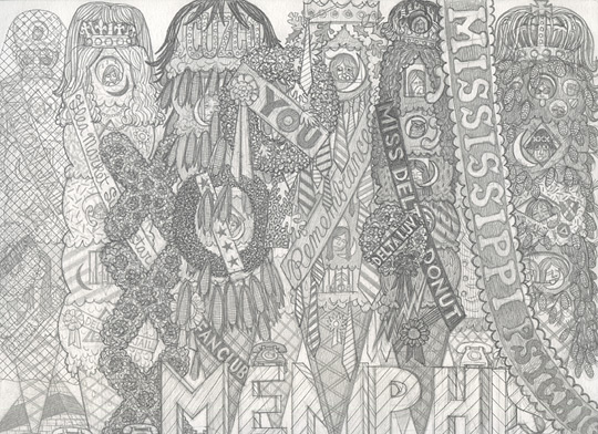Alex O’Neal, Shrine for Ice Cream Royalty #3 , 2013, Graphite on paper, 9 x 12 inches