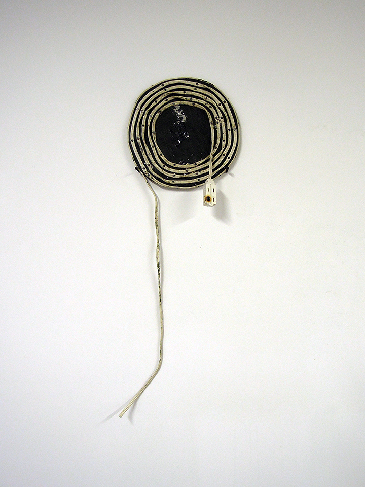 Laura Judkis, Slow Burn , 2013, Found electrical cord, wood, ink, 10 ½ inches (diameter)