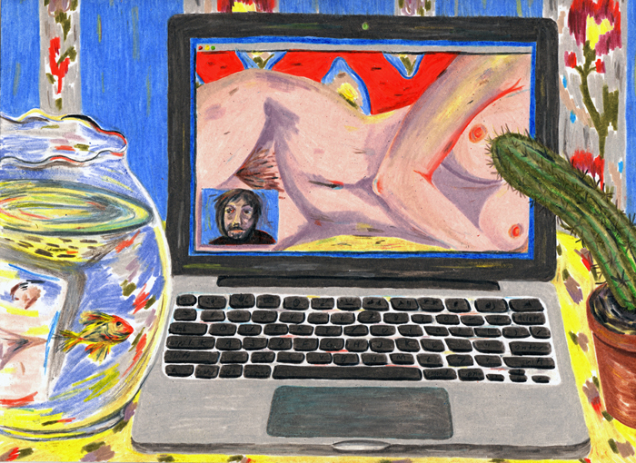 Jennifer May Reiland, Odalisque with Cactus and Fishbowl, Colored pencil on paper, 9" x 12"