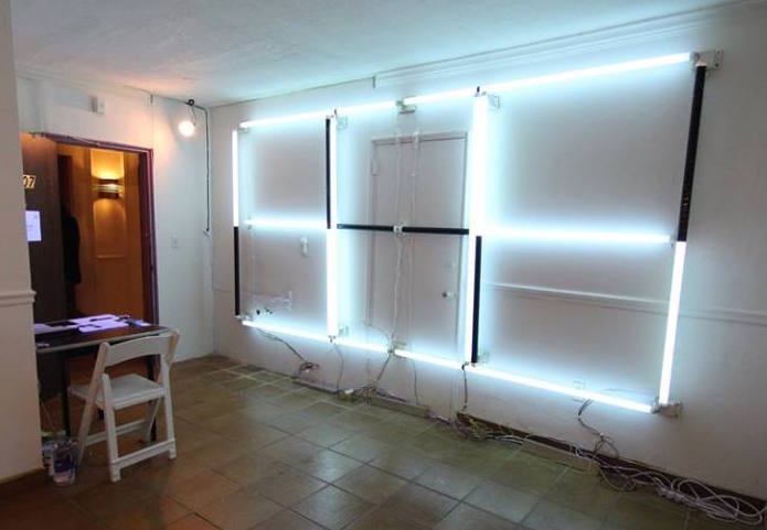 Patrick McDonough, 152411-tanning bulbs (SOS) , 2015, Tanning lamps and electronics, 12' x 6' x 5', Installation view from Full-Scale Exercise 