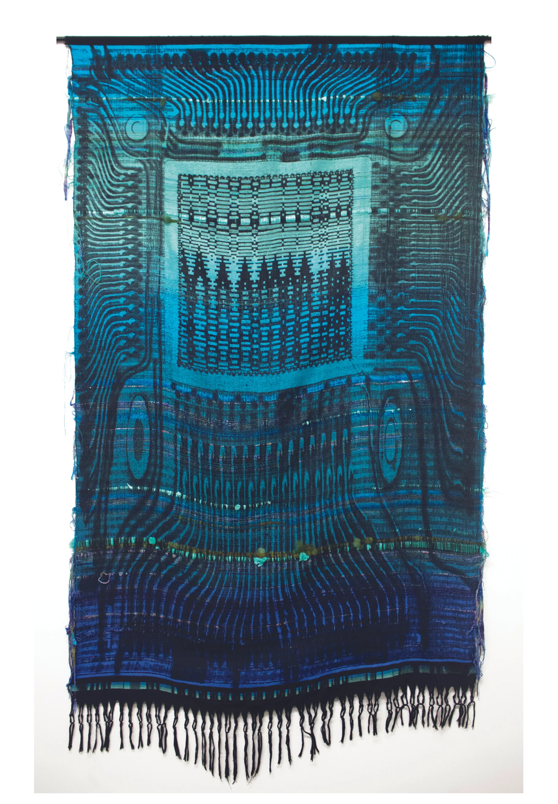 Robin Kang, Phantasmatic Data Dawn , 2015, Hand jacquard woven cotton, wool, synthetic fiber, plastic, metal rod, 56 x 98 in