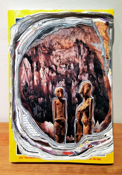 Julie Ann Nagle, "Excavation Group", 2015, Carved National Geographic Magazines, glue