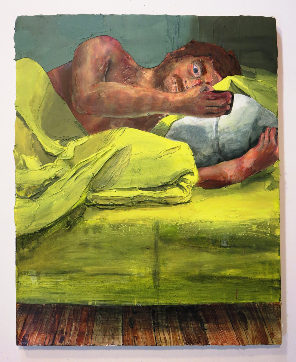 Hilary Doyle, On the Phone in Bed, 2016 Acrylic on canvas 21 x 24"