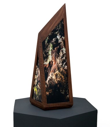 Kirsten Thoen "Metronome"/ American black walnut, photo-transparancy films, plexiglass, electronic components 7" x 9" x 22.5"
