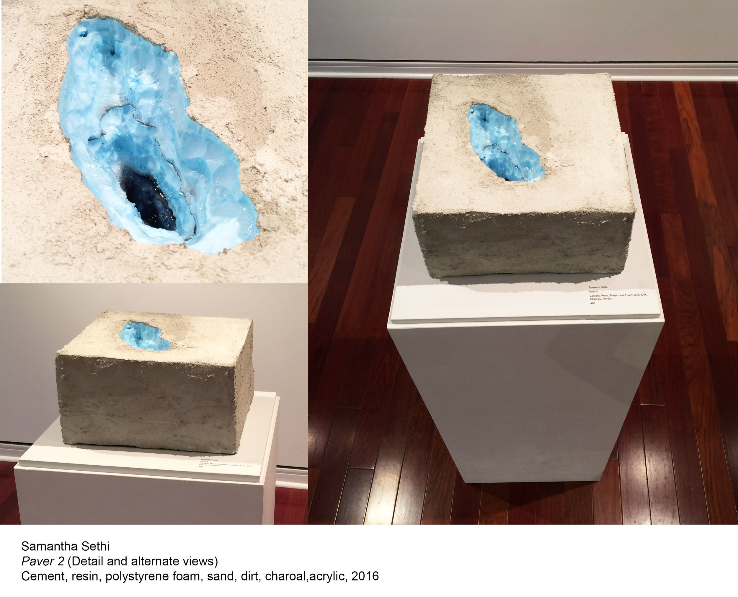 Samatha Sethi "Paver II" / cement, resin, polystyrene foam, sand, dirt, charcoal, acrylic / 12"x12"x6"