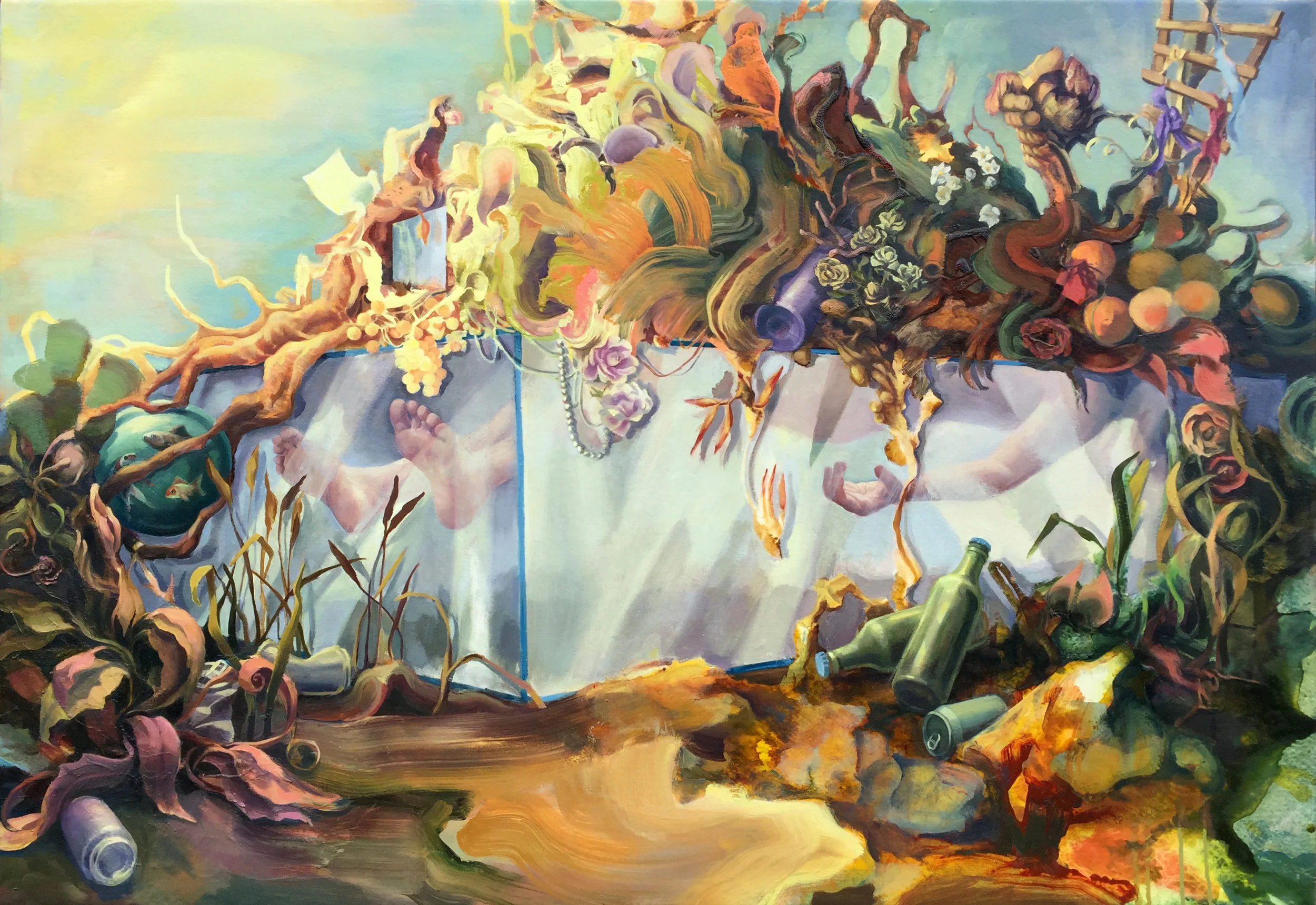 Virginia Wagner "Wake" 2016, ink, acrylic, oil on canvas, 38" x 55" 