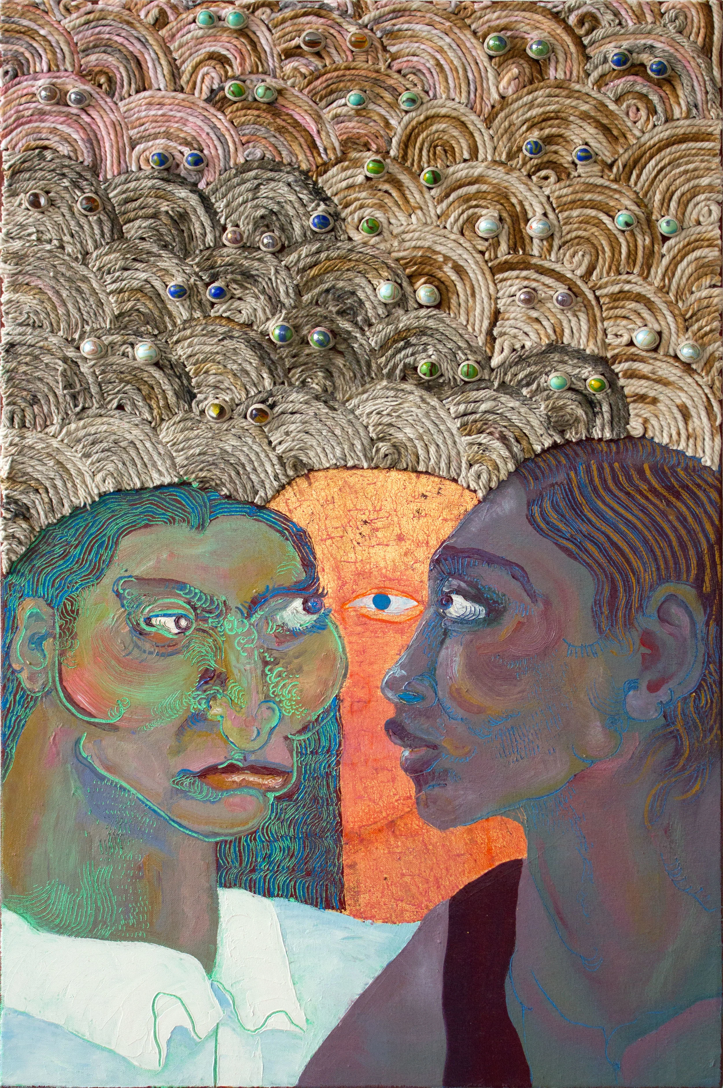 Sahana Ramakrishnan "An Unwanted Gaze" 2016, oil, mop strings on canvas, 24" x 36" 