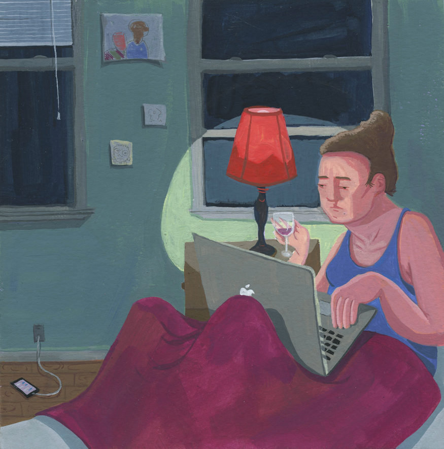 Rebecca Ness, "The Artist Netflix and Chills With Herself," 2016, gouache and graphite on paper, 6"x6"